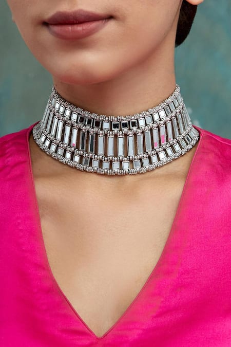 Shop House Of Tuhina Silver Plated Shahi Mirror Studded Choker at Aza Fashions Shop_House Of Tuhina_Silver Plated Shahi Mirror Studded Choker _at_Aza_Fashions