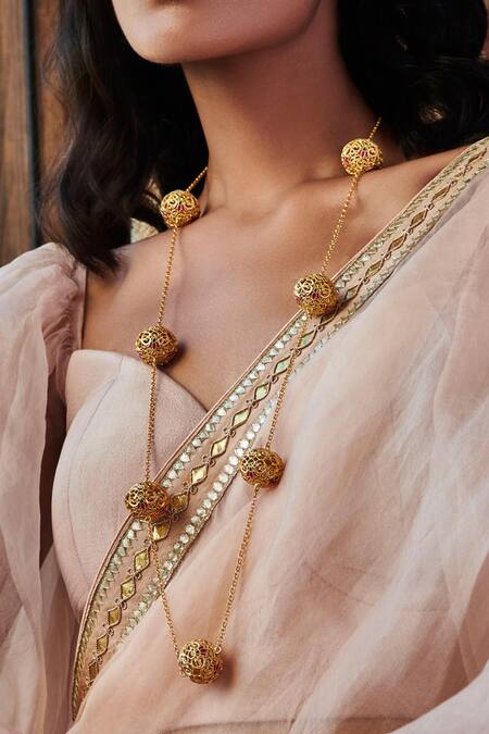 Buy ZARIIN Pink Enamelled Lotus Globe Long Necklace at Aza Fashions Buy_ZARIIN_Pink Enamelled Lotus Globe Long Necklace_at_Aza_Fashions