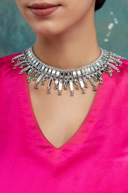 Shop House Of Tuhina Silver Plated Falak Qabeela Mirror Studded Choker at Aza Fashions Shop_House Of Tuhina_Silver Plated Falak Qabeela Mirror Studded Choker _at_Aza_Fashions