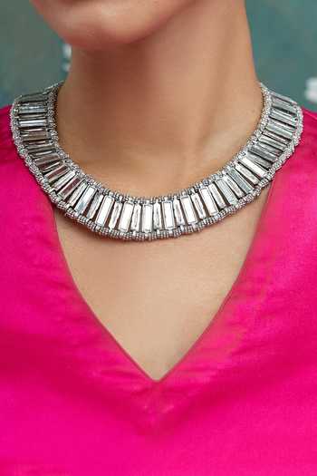 Shop House Of Tuhina Silver Plated Qabeela Mirror Studded Choker at Aza Fashions Shop_House Of Tuhina_Silver Plated Qabeela Mirror Studded Choker _at_Aza_Fashions