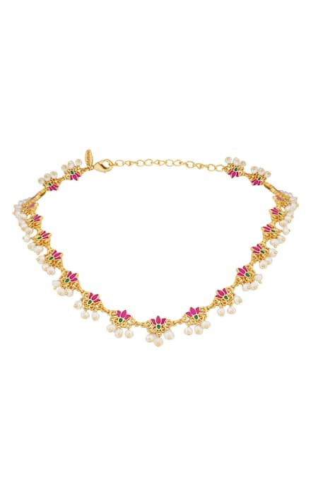 Shop Zariin Pink Enamelled Lotus Silk Delicate Collar Necklace at Aza Fashions Shop_Zariin_Pink Enamelled Lotus Silk Delicate Collar Necklace _at_Aza_Fashions