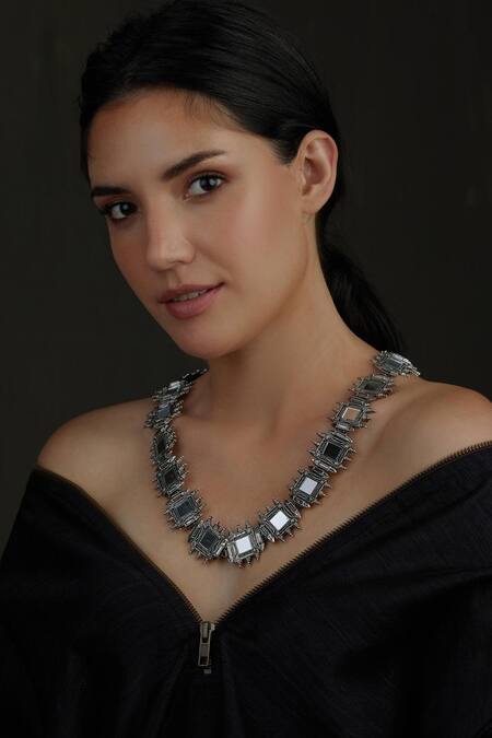 Shop House Of Tuhina Silver Plated Fort Mirror Studded Necklace at Aza Fashions Shop_House Of Tuhina_Silver Plated Fort Mirror Studded Necklace_at_Aza_Fashions