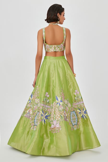 Shop Aisha Rao Green Tissue Sequins, Beads, Floral Applique And Crystal Embellished Lehenga Set at Aza Fashions Shop_Aisha Rao_Green Tissue Sequins, Beads, Floral Applique And Crystal Embellished Lehenga Set _at_Aza_Fashions