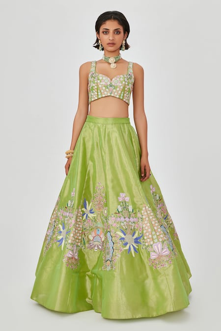 Aisha Rao Green Tissue Sequins, Beads, Floral Applique And Crystal Embellished Lehenga Set Online at Aza Fashions Aisha Rao_Green Tissue Sequins, Beads, Floral Applique And Crystal Embellished Lehenga Set _Online_at_Aza_Fashions