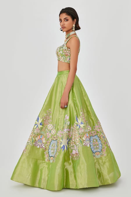 Buy Aisha Rao Green Tissue Sequins, Beads, Floral Applique And Crystal Embellished Lehenga Set Online at Aza Fashions Buy_Aisha Rao_Green Tissue Sequins, Beads, Floral Applique And Crystal Embellished Lehenga Set _Online_at_Aza_Fashions