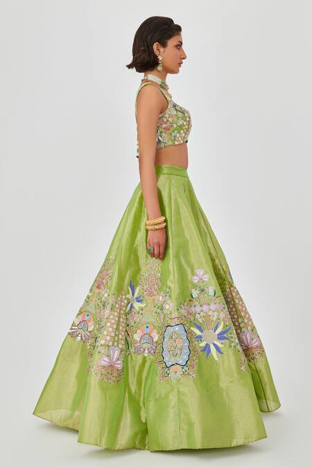 Shop Aisha Rao Green Tissue Sequins, Beads, Floral Applique And Crystal Embellished Lehenga Set Online at Aza Fashions Shop_Aisha Rao_Green Tissue Sequins, Beads, Floral Applique And Crystal Embellished Lehenga Set _Online_at_Aza_Fashions