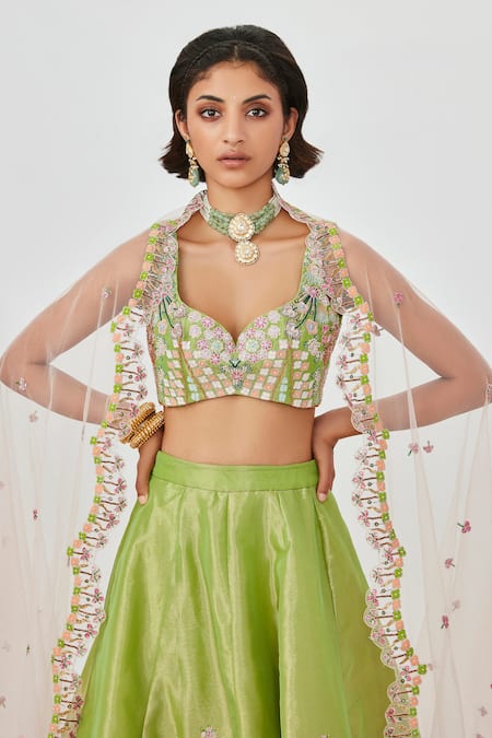Aisha Rao Green Tissue Sequins, Beads, Floral Applique And Crystal Embellished Lehenga Set at Aza Fashions Aisha Rao_Green Tissue Sequins, Beads, Floral Applique And Crystal Embellished Lehenga Set _at_Aza_Fashions