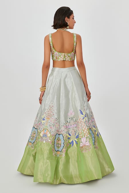 Shop Aisha Rao Green Tissue Gulshan Dichromatic Floral Applique 10 Kali Bridal Lehenga Set at Aza Fashions Shop_Aisha Rao_Green Tissue Gulshan Dichromatic Floral Applique 10 Kali Bridal Lehenga Set _at_Aza_Fashions