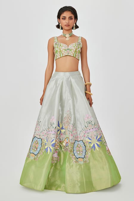 Buy Aisha Rao Green Tissue Gulshan Dichromatic Floral Applique 10 Kali Bridal Lehenga Set Online at Aza Fashions Buy_Aisha Rao_Green Tissue Gulshan Dichromatic Floral Applique 10 Kali Bridal Lehenga Set _Online_at_Aza_Fashions