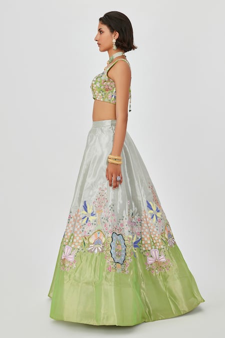 Shop Aisha Rao Green Tissue Gulshan Dichromatic Floral Applique 10 Kali Bridal Lehenga Set Online at Aza Fashions Shop_Aisha Rao_Green Tissue Gulshan Dichromatic Floral Applique 10 Kali Bridal Lehenga Set _Online_at_Aza_Fashions