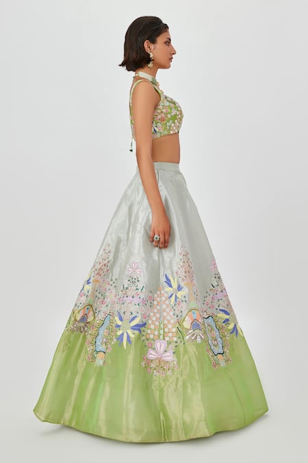 Aisha Rao Green Tissue Gulshan Dichromatic Floral Applique 10 Kali Bridal Lehenga Set at Aza Fashions Aisha Rao_Green Tissue Gulshan Dichromatic Floral Applique 10 Kali Bridal Lehenga Set _at_Aza_Fashions