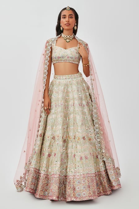 Aisha Rao Mahnaz Floral Applique & Mirror Work 12 Kali Bridal Lehenga Set 