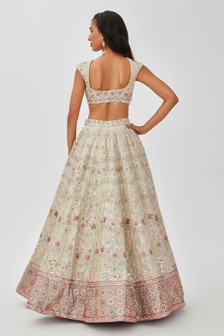 Shop Aisha Rao Ivory Tissue Mahnaz Floral Applique And Mirror Work 12 Kali Bridal Lehenga Set at Aza Fashions Shop_Aisha Rao_Ivory Tissue Mahnaz Floral Applique And Mirror Work 12 Kali Bridal Lehenga Set _at_Aza_Fashions