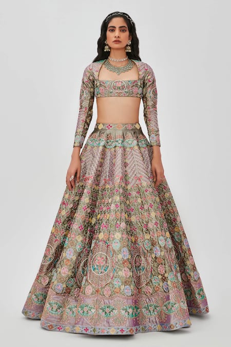 Aisha Rao_Multi Color Tissue Armina Floral Bloom Applique 12 Kali Bridal Lehenga Set _Online_at_Aza_Fashions