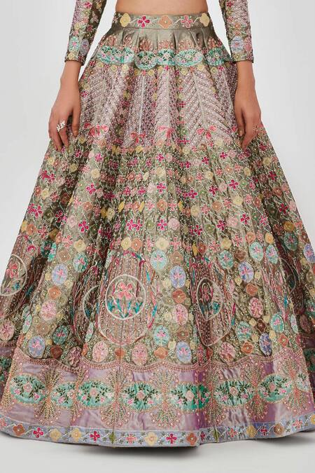 Buy_Aisha Rao_Multi Color Tissue Armina Floral Bloom Applique 12 Kali Bridal Lehenga Set _Online_at_Aza_Fashions