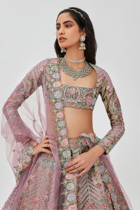 Aisha Rao_Multi Color Tissue Armina Floral Bloom Applique 12 Kali Bridal Lehenga Set _at_Aza_Fashions
