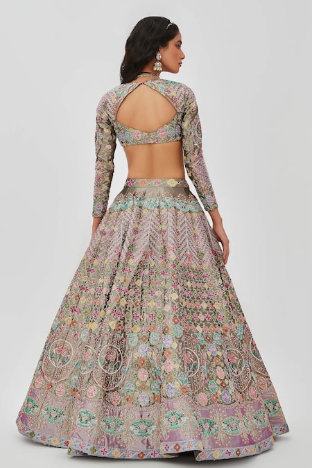 Shop Aisha Rao Multi Color Tissue Armina Flower Bloom Applique 16 Kali Bridal Lehenga Set at Aza Fashions Shop_Aisha Rao_Multi Color Tissue Armina Flower Bloom Applique 16 Kali Bridal Lehenga Set _at_Aza_Fashions