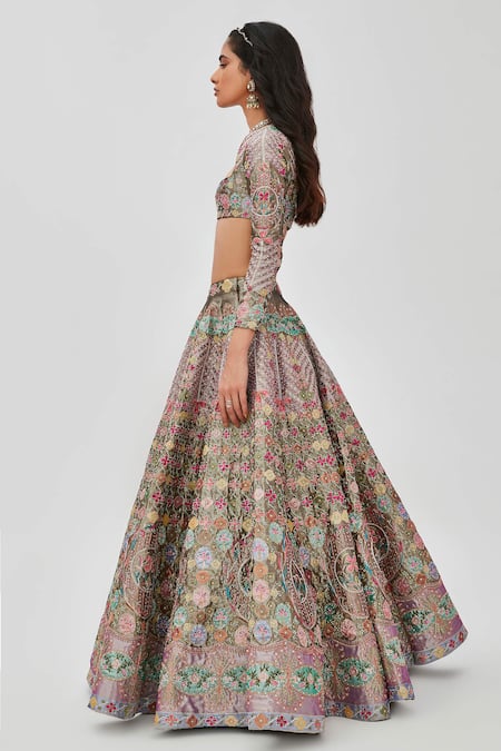 Shop Aisha Rao Multi Color Tissue Armina Flower Bloom Applique 16 Kali Bridal Lehenga Set Online at Aza Fashions Shop_Aisha Rao_Multi Color Tissue Armina Flower Bloom Applique 16 Kali Bridal Lehenga Set _Online_at_Aza_Fashions