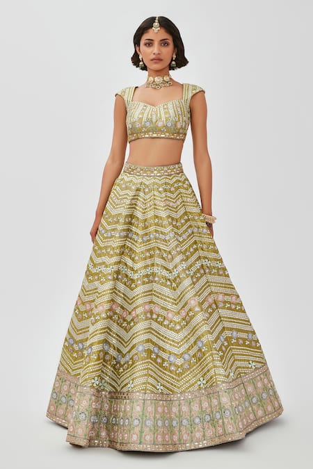 Aisha Rao Green Tissue Sequins, Mahin Chevron Mirror Work 10 Kali Bridal Lehenga Set Online at Aza Fashions Aisha Rao_Green Tissue Sequins, Mahin Chevron Mirror Work 10 Kali Bridal Lehenga Set _Online_at_Aza_Fashions