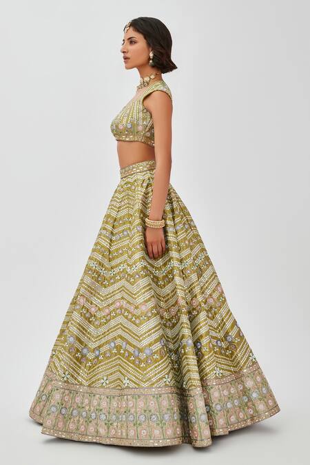 Shop Aisha Rao Green Tissue Sequins, Mahin Chevron Mirror Work 10 Kali Bridal Lehenga Set Online at Aza Fashions Shop_Aisha Rao_Green Tissue Sequins, Mahin Chevron Mirror Work 10 Kali Bridal Lehenga Set _Online_at_Aza_Fashions