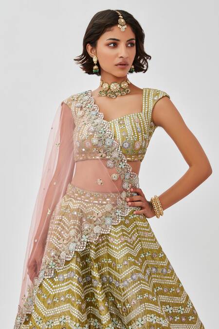 Aisha Rao Green Tissue Sequins, Mahin Chevron Mirror Work 10 Kali Bridal Lehenga Set at Aza Fashions Aisha Rao_Green Tissue Sequins, Mahin Chevron Mirror Work 10 Kali Bridal Lehenga Set _at_Aza_Fashions