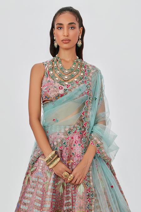 Buy Aisha Rao Multi Color Tissue Mehr Floral Bouquet Applique 12 Kali Bridal Lehenga Set Online at Aza Fashions Buy_Aisha Rao_Multi Color Tissue Mehr Floral Bouquet Applique 12 Kali Bridal Lehenga Set _Online_at_Aza_Fashions