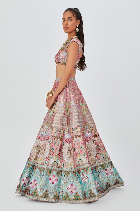 Shop Aisha Rao Multi Color Tissue Mehr Floral Bouquet Applique 12 Kali Bridal Lehenga Set Online at Aza Fashions Shop_Aisha Rao_Multi Color Tissue Mehr Floral Bouquet Applique 12 Kali Bridal Lehenga Set _Online_at_Aza_Fashions