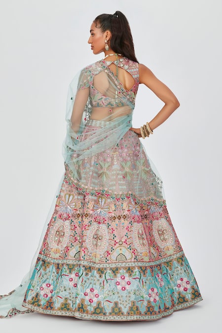 Shop Aisha Rao Multi Color Tissue Mehr Flower Bouquet Applique 16 Kali Bridal Lehenga Set at Aza Fashions Shop_Aisha Rao_Multi Color Tissue Mehr Flower Bouquet Applique 16 Kali Bridal Lehenga Set _at_Aza_Fashions