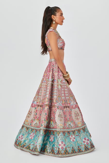 Aisha Rao Multi Color Tissue Mehr Flower Bouquet Applique 16 Kali Bridal Lehenga Set at Aza Fashions Aisha Rao_Multi Color Tissue Mehr Flower Bouquet Applique 16 Kali Bridal Lehenga Set _at_Aza_Fashions