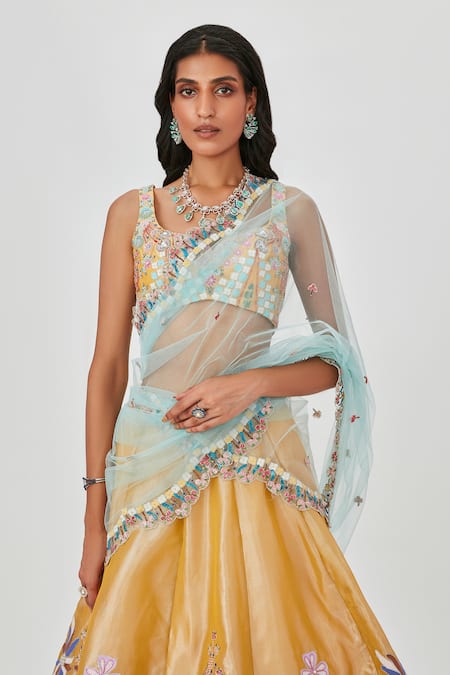 Aisha Rao Yellow Tissue, Chiffon Nasima Floral Bloom Applique 10 Kali Bridal Lehenga Set Online at Aza Fashions Aisha Rao_Yellow Tissue, Chiffon Nasima Floral Bloom Applique 10 Kali Bridal Lehenga Set _Online_at_Aza_Fashions