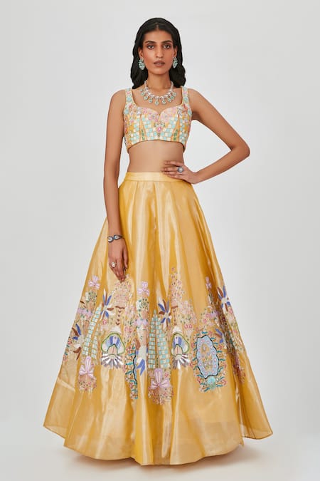 Buy Aisha Rao Yellow Tissue, Chiffon Nasima Floral Bloom Applique 10 Kali Bridal Lehenga Set Online at Aza Fashions Buy_Aisha Rao_Yellow Tissue, Chiffon Nasima Floral Bloom Applique 10 Kali Bridal Lehenga Set _Online_at_Aza_Fashions