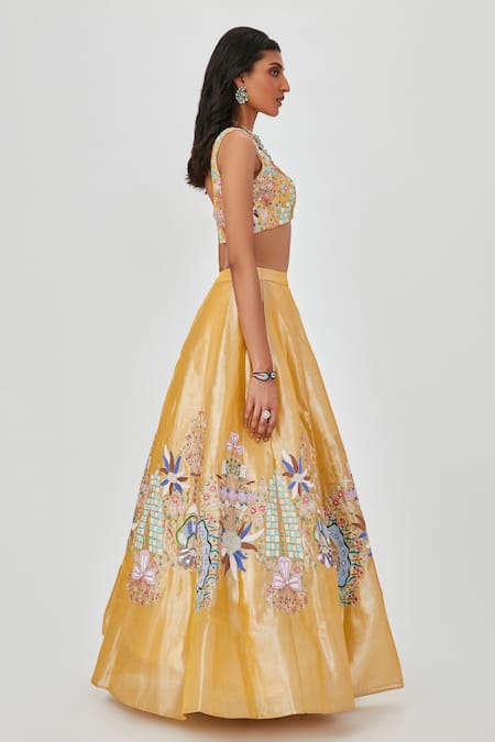 Aisha Rao Yellow Tissue, Chiffon Nasima Floral Bloom Applique 10 Kali Bridal Lehenga Set at Aza Fashions Aisha Rao_Yellow Tissue, Chiffon Nasima Floral Bloom Applique 10 Kali Bridal Lehenga Set _at_Aza_Fashions