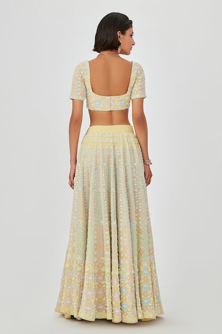 Shop Aisha Rao Yellow Georgette Pearls Square Yasmin Embellished 12 Kali Bridal Lehenga Set at Aza Fashions Shop_Aisha Rao_Yellow Georgette Pearls Square Yasmin Embellished 12 Kali Bridal Lehenga Set _at_Aza_Fashions