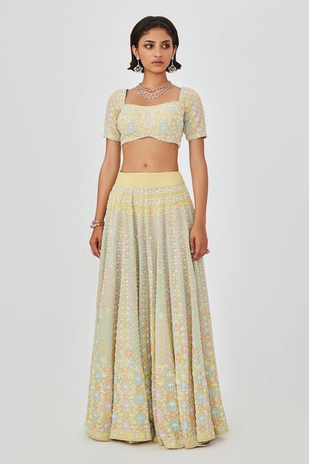 Aisha Rao Yellow Georgette Pearls Square Yasmin Embellished 12 Kali Bridal Lehenga Set Online at Aza Fashions Aisha Rao_Yellow Georgette Pearls Square Yasmin Embellished 12 Kali Bridal Lehenga Set _Online_at_Aza_Fashions