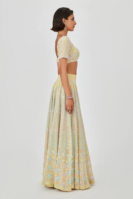 Shop Aisha Rao Yellow Georgette Pearls Square Yasmin Embellished 12 Kali Bridal Lehenga Set Online at Aza Fashions Shop_Aisha Rao_Yellow Georgette Pearls Square Yasmin Embellished 12 Kali Bridal Lehenga Set _Online_at_Aza_Fashions