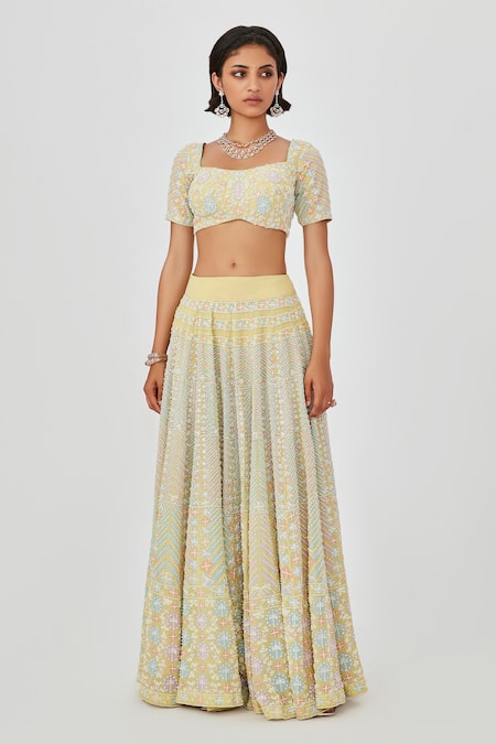 Aisha Rao_Yellow Georgette Pearls, Yasmin And Floral Embellished 16 Kali Bridal Lehenga Set _Online_at_Aza_Fashions