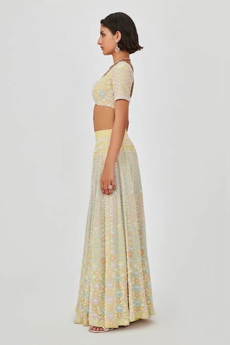 Buy_Aisha Rao_Yellow Georgette Pearls, Yasmin And Floral Embellished 16 Kali Bridal Lehenga Set _Online_at_Aza_Fashions