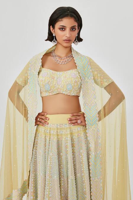 Aisha Rao_Yellow Georgette Pearls, Yasmin And Floral Embellished 16 Kali Bridal Lehenga Set _at_Aza_Fashions