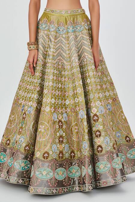 Aisha Rao_Green Tissue Embroidery Layla Floral Embellished 12 Kali Bridal Lehenga Set _at_Aza_Fashions