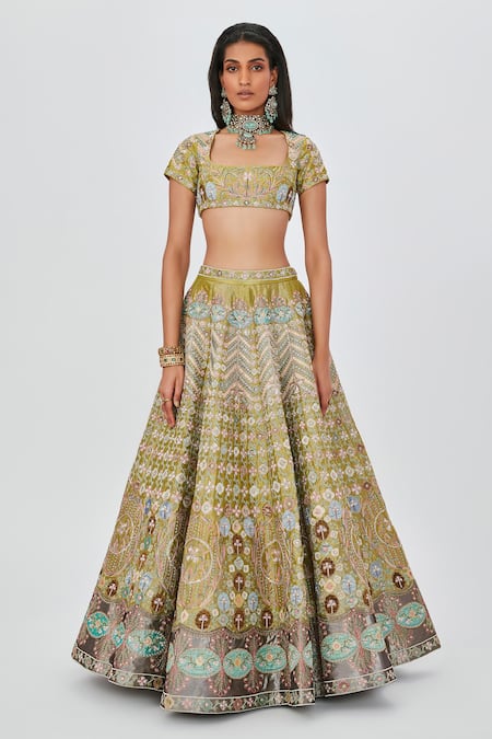 Aisha Rao_Green Tissue, Chiffon Embroidery, Layla Floral 16 Kali Bridal Lehenga Set _Online_at_Aza_Fashions