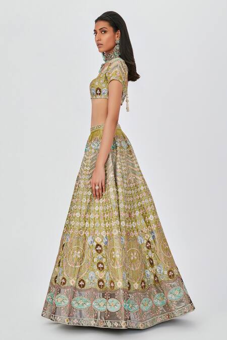 Shop_Aisha Rao_Green Tissue, Chiffon Embroidery, Layla Floral 16 Kali Bridal Lehenga Set _Online_at_Aza_Fashions