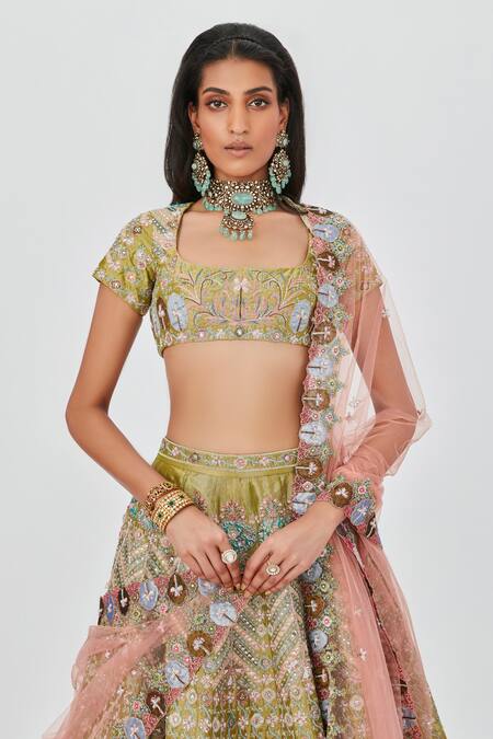 Aisha Rao_Green Tissue, Chiffon Embroidery, Layla Floral 16 Kali Bridal Lehenga Set _at_Aza_Fashions