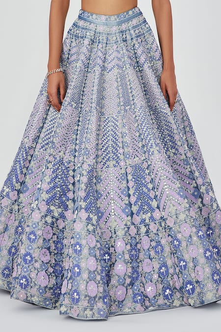 Aisha Rao_Purple Tissue Embroidery Sweetheart Neck Floral Applique 12 Kali Lehenga Set _Online_at_Aza_Fashions