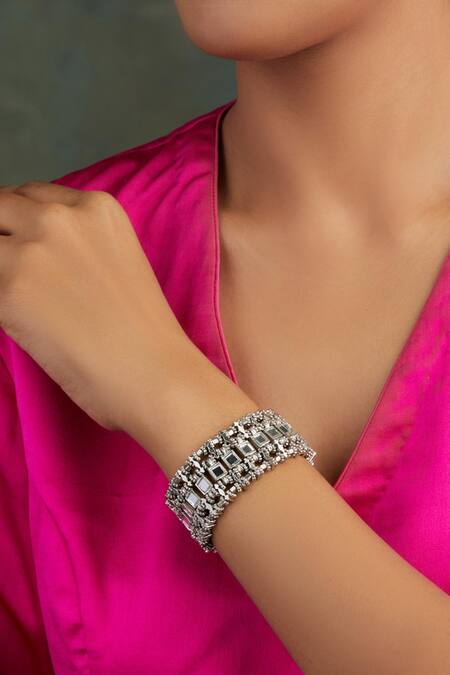 Shop House Of Tuhina Silver Plated Mirrors Teer Embellished Bracelet at Aza Fashions Shop_House Of Tuhina_Silver Plated Mirrors Teer Embellished Bracelet _at_Aza_Fashions