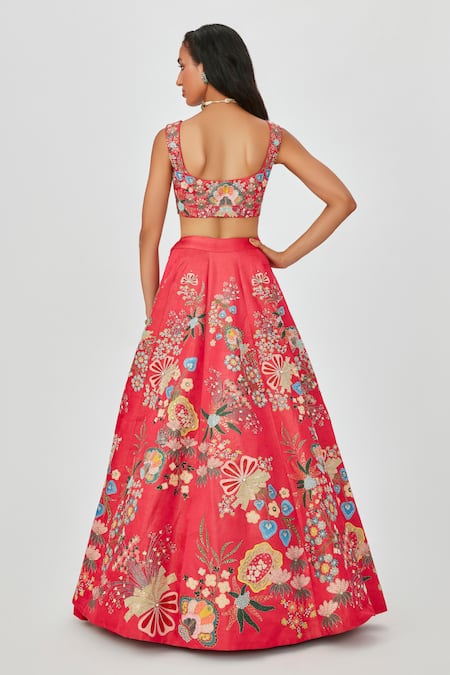 Shop_Aisha Rao_Pink Satin, Organza Zahra Floral Embellished 10 Kali Bridal Lehenga Set _at_Aza_Fashions