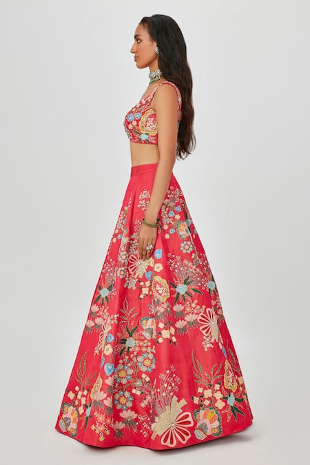 Aisha Rao_Pink Satin, Organza Zahra Floral Embellished 10 Kali Bridal Lehenga Set _Online_at_Aza_Fashions