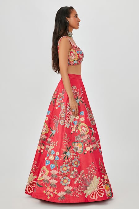 Buy_Aisha Rao_Pink Satin, Organza Zahra Floral Embellished 10 Kali Bridal Lehenga Set _Online_at_Aza_Fashions