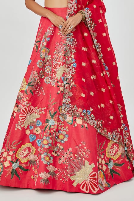 Shop_Aisha Rao_Pink Satin, Organza Zahra Floral Embellished 10 Kali Bridal Lehenga Set _Online_at_Aza_Fashions
