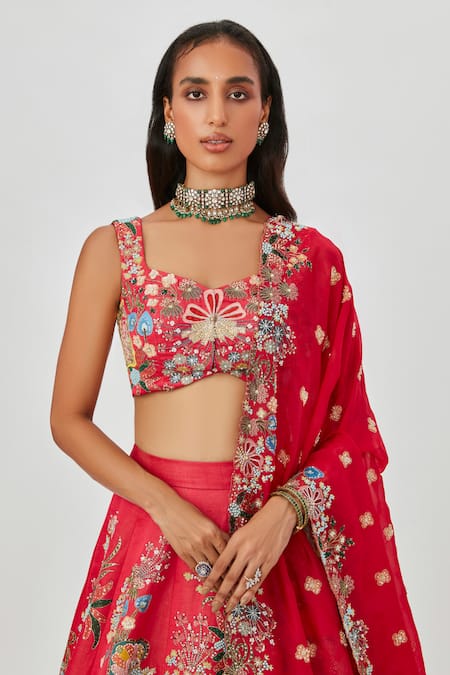 Aisha Rao_Pink Satin, Organza Zahra Floral Embellished 10 Kali Bridal Lehenga Set _at_Aza_Fashions