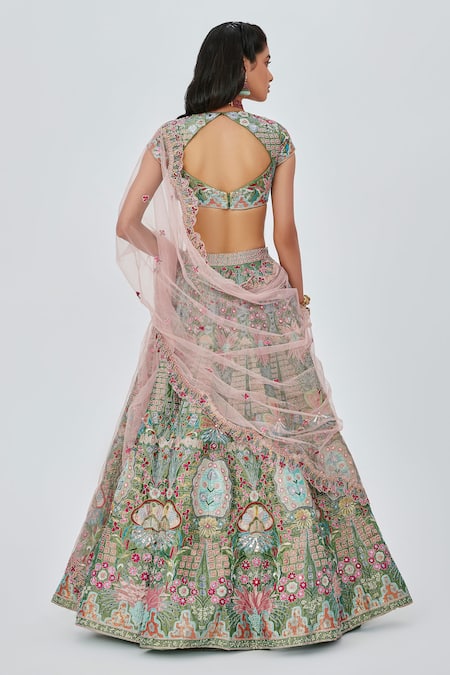 Shop_Aisha Rao_Green Tissue, Chiffon Parisa Floral Embellished 12 Kali Bridal Lehenga Set _at_Aza_Fashions
